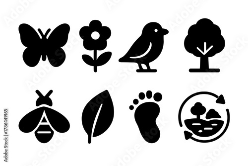 Biodiversity Icon Set. Biodiversity protection. Filled icon set of biodiversity protection: butterfly, flower,