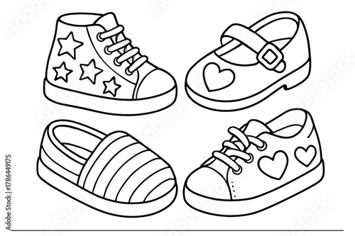 Fun Shoe Patterns. Creative shoe patterns children?s coloring book illustration, outlined drawing, fun shoes