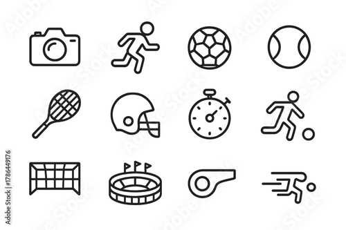 Sports Icon Set. Performance capture. Line icon set of performance capture: camera, athlete running, soccer ball, basketball, tennis racket, football helmet,