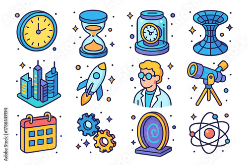 Chronology Science Icons. Chronology science. Colorful isometric vector icons set of chronology science: clock, hourglass, time machine, wormhole, futuristic