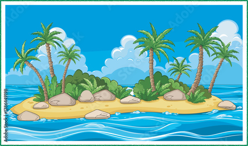 Tropical island with palm trees and clear blue sea illustration