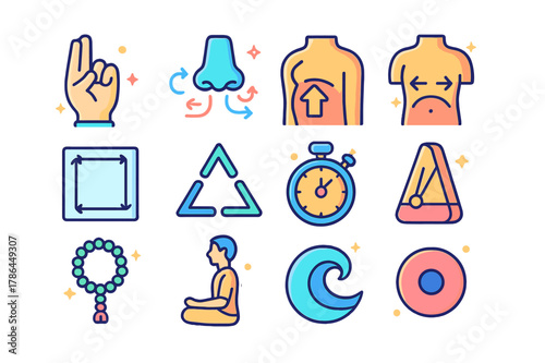 Pranayama Icon Set. Pranayama techniques. Colorful isometric vector icons set of pranayama techniques: alternate nostril hand mudra, nasal airflow arrows,