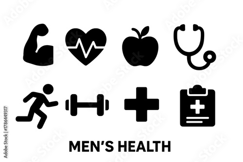Men's Health Icons. Men?s health. Filled icon set of men?s health: strong bicep, heart with pulse, apple,
