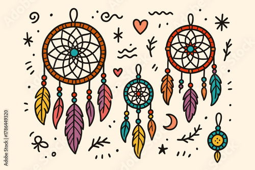 Colorful Dreamcatcher Doodles. Dreamcatchers. Hand-drawn doodle illustration dreamcatchers colored web, colored feather, colored bead, colored thread, colored