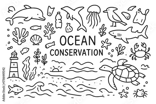 Ocean Conservation Icons. Ocean conservation. Hand-drawn doodle illustration Ocean conservation [fish, whales, dolphins, seaweed, coral reefs, ocean waves,