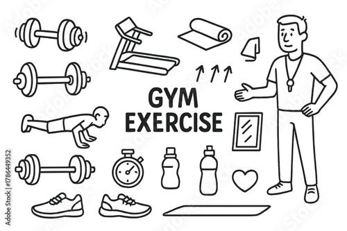 Gym Doodle Icons. Gym exercise. Hand-drawn doodle illustration gym exercise dumbbells, treadmill, mat, towel, barbell, push-up icon, weights, shoes, stopwatch,