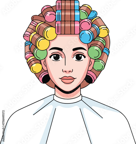 Woman s Portrait with Colorful Hair Rollers for Perm or Styling