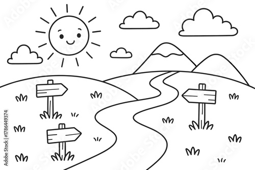 Spiritual Journey Path. Pilgrimages and spiritual travel children?s coloring book illustration, outlined drawing, a friendly path winding toward a distant hill
