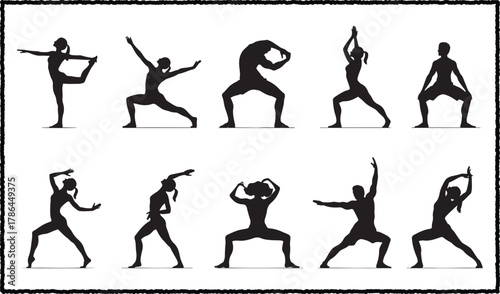 Yoga Silhouettes Various Poses Black and White Illustration Graphic Design Concept