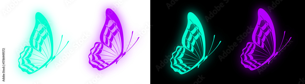 Obraz premium PNG Image of Neon butterfly set. Glowing cyan and purple insect icon. Bright magic animal silhouette. Isolated transparent PNG.