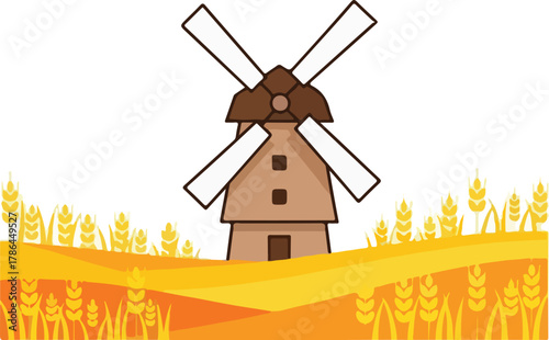 Charming Cartoon Windmill Grinding Wheat in a Golden Harvest Field Illustration