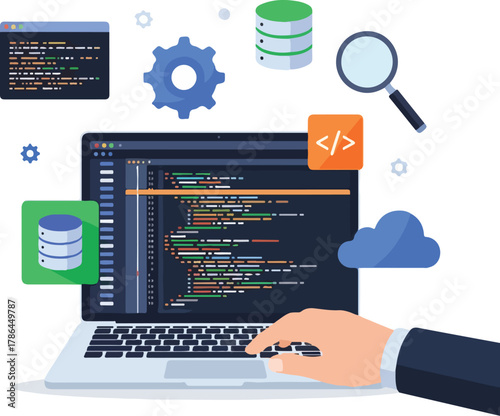 Software Development and Database Management Concept with Coded Laptop Screen