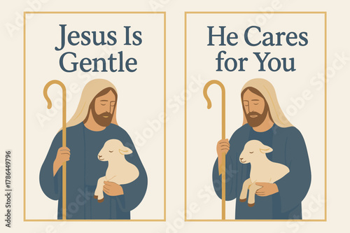 Gentle Shepherd Banners. Gentle Shepherd. Two vertical A6 banners with safe margins, centered composition, no elements touching edges, pastel, navy and gold,