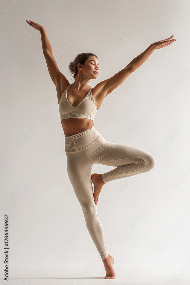 Fototapeta premium A person gracefully poses in a serene environment, showcasing stylish yoga attire and body balance Generative AI
