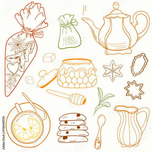 Charming vector collection of hand-drawn sweets, accompaniments for tea. Includes cookies, honey, lemon, biscuits, steaming teapots. Ideal for related to afternoon tea, dessert menus, pastry.