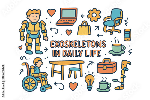 Daily Exoskeleton Doodles. Exoskeletons in daily life. Hand-drawn doodle illustration of exoskeletons in daily