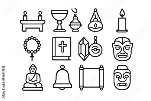Religious Artifacts Icons. Religious artifacts. Line outline icon set of religious artifacts: altar, chalice,