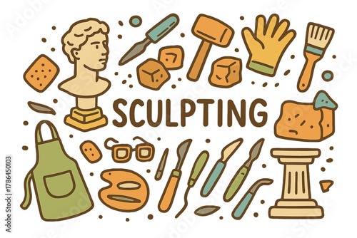 Artistic Sculpting Tools. Sculpting. Hand-drawn doodle illustration of sculpting. Statue, chisel, hammer, clay