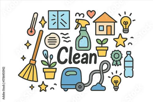 Clean Living Space. Clean living space. Hand-drawn doodle illustration of clean living space. Broom, vacuum,
