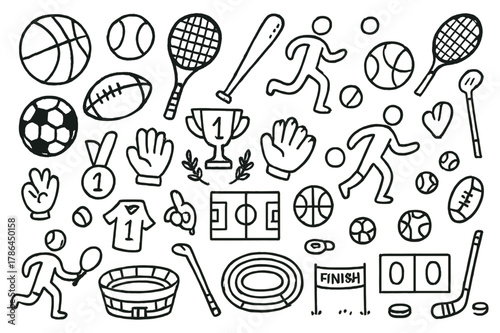 Sports Icon Doodles. Sports. Hand-drawn doodle illustration acquiring knowledge balls, bats, rackets, gloves, jerseys, athletes, stadiums, fields, courts,