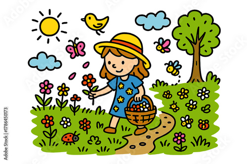 Children Picking Wildflowers. picking wildflowers. Colorful Hand-drawn doodle Children illustration picking wildflowers girl, basket, flowers, grass, sun,