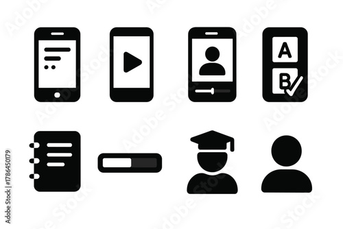 Mobile Learning Icons. Mobile learning. Filled icon set of mobile learning: app screen, play button, lecture
