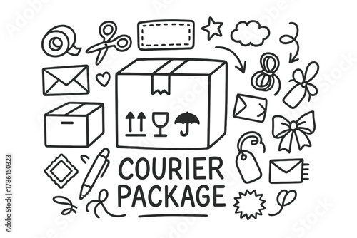 Courier Package Doodle. Courier Package. Hand-drawn doodle illustration of Courier Package. In the middle, one