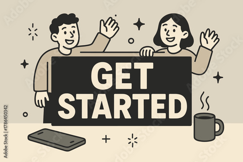GET STARTED Banner. GET STARTED banner, flat vector illustration, bold oversized text inside rectangular frame, cartoon characters waving and smiling