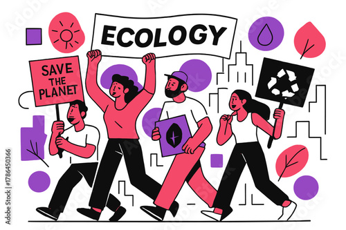 Vibrant Environmental March. Environmental Protests. Marchers carrying banners through city streets with floating abstract geometric shapes and environmental