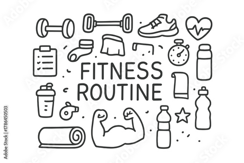 Fitness Icons Doodle. Fitness Routine. Hand-drawn doodle illustration of Fitness Routine. dumbbell, resistance