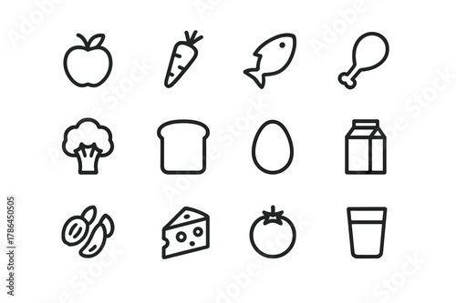 Nutrition Icons Grid. Nutrition essentials. Line icon set of nutrition essentials: apple, carrot, fish, chicken drumstick, broccoli, bread slice, egg, milk