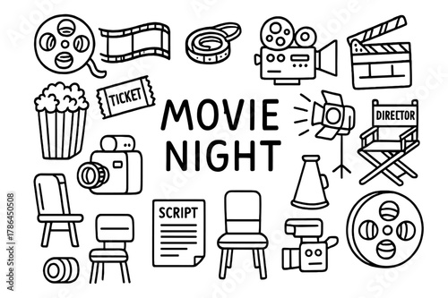 Movie Night Icons. Movie Night. Hand-drawn doodle illustration Movie Night popcorn, film reel, movie tape, tickets, projector, clapperboard, spotlight,