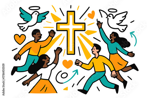 Glowing Cross and Icons. Christian art and religious iconography. A glowing cross surrounded by abstract rays