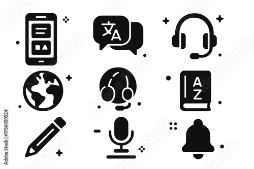 Language App Icons. Exploring a Language Learning App. Solid icons set of Exploring a Language Learning App: smartphone, app interface, chat bubble, book,