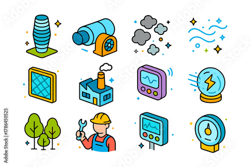 Isometric Air Purification Icons. Urban air cleaner. Colorful isometric vector icons set of urban air cleaner: air purification tower, ventilation system,