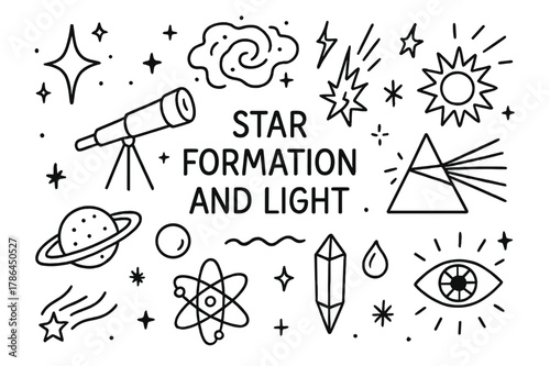 Cosmic Doodle Explosion. Star formation and light. Hand-drawn doodle illustration Star formation and light nebula cloud, gas swirl, sparkle, telescope, planet,