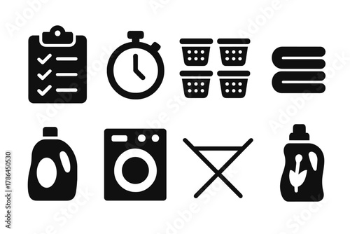 Laundry Icon Set. Laundry management. Filled icon set of laundry management: checklist, timer clock, sorted