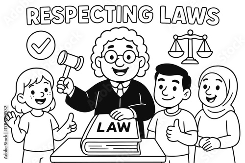 Educational Coloring Book. Respecting laws children?s coloring book illustration, outlined drawing, cheerful