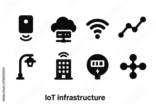 IoT Icons Grid. IoT infrastructure. Filled icon set of IoT infrastructure: sensor, cloud server, Wi-Fi signal,