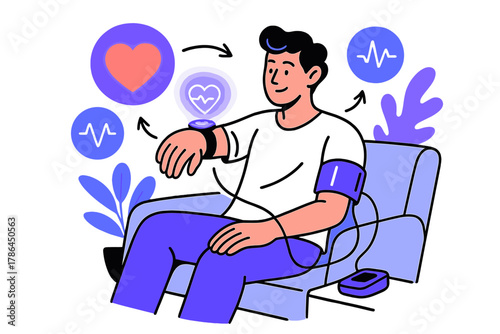 Smart Health Monitor. Remote patient monitoring. Patient at home wearing a smartwatch and connected devices;