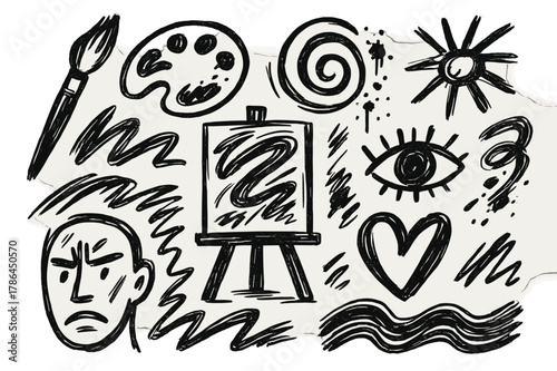 Abstract Brush Expressions. Wild brush strokes (expressionism). Hand-drawn doodle illustration wild brush strokes (expressionism) paintbrush, palette, canvas,