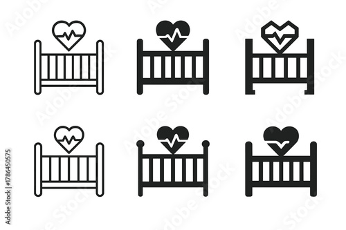 Diverse Baby Monitor Logos. Baby monitor. Set Logo of Baby monitor: heart pulse over crib icon. harmonious logo variations of the same emblematic concept, each