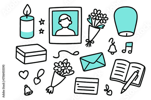Memory Ritual Icons. // Memory ritual. Hand-drawn doodle illustration Memory ritual [candle (accented), photo frame (accented), bouquet (accented), ribbon,