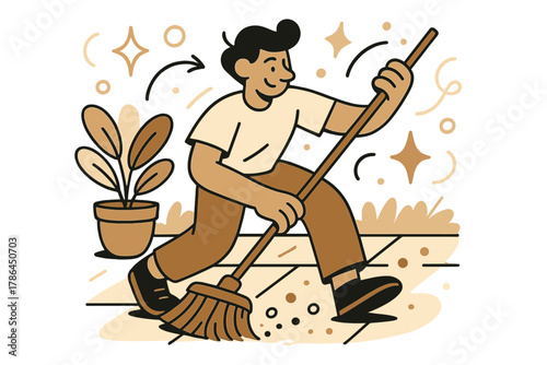 Dynamic Patio Sweeping. Cleaning outdoor spaces. Person sweeping a patio with a broom; dust particles and