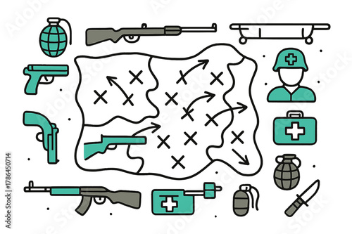 Strategic Warfare Map. Military a map marked with military strategy during war. Hand-drawn doodle illustration a map marked with military strategy during war,