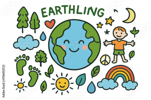 Colorful Earth Doodle. Earthling. Colorful Hand-drawn doodle Children illustration Earthling planet Earth, smiling globe, trees, stars, human figure,