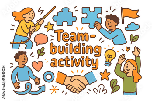 Team-Building Doodle Art. Team-building activity. Hand-drawn doodle illustration of team-building activity.