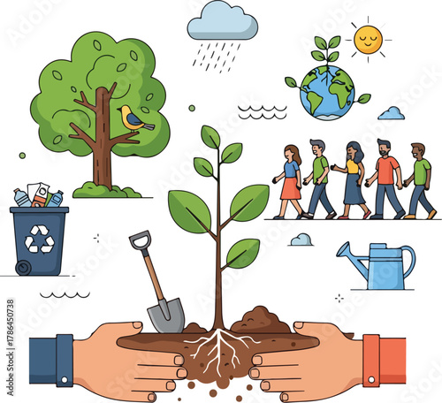 Community Hands Planting New Tree Seedling for Environmental Sustainability and Earth Day Concept