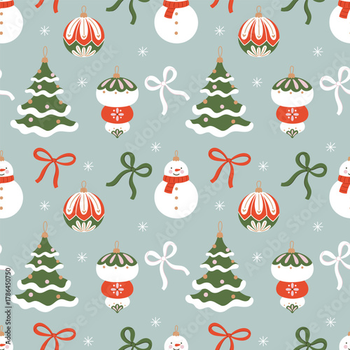Light green Christmas toy pattern with bows and ornaments