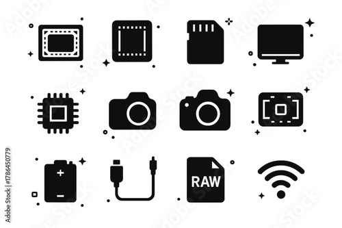 Digital Camera Icons. Digital Camera Revolution. Solid icons set of Digital Camera Revolution: CCD sensor, CMOS sensor, memory card, LCD screen,